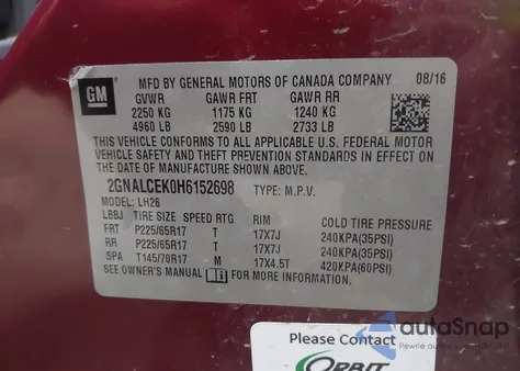 2017 Chevrolet Equinox Lt из США, поврежденный, VIN 2GNALCEK0H6152698